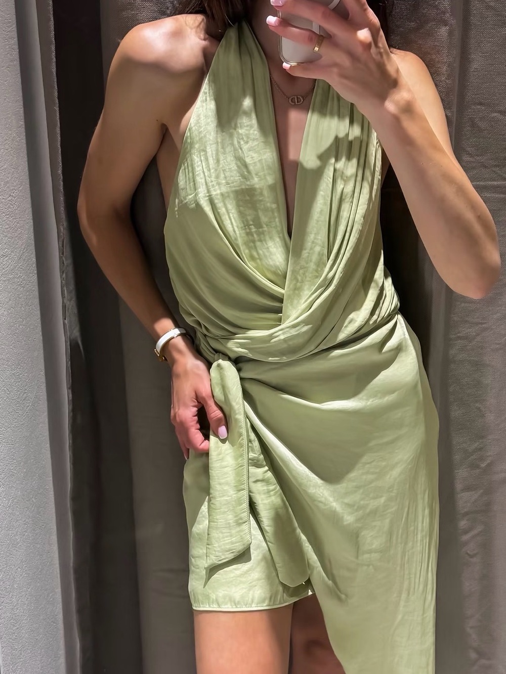 Zara Light Sage Halter Wrap Mini Dress